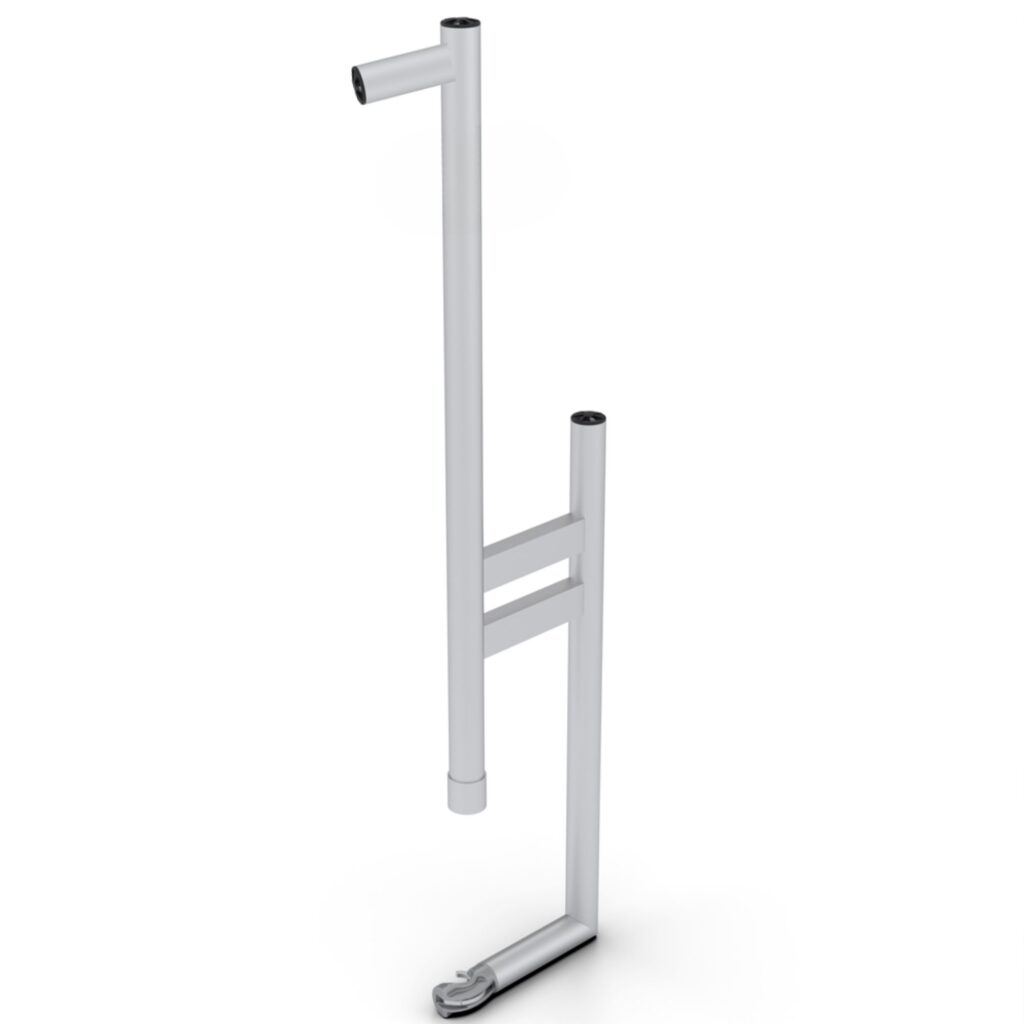 Leuningstaander gemonteerd op een aluminium steiger met horizontale leuningen, zorgt voor veilige afzetting op een platform op hoogte.