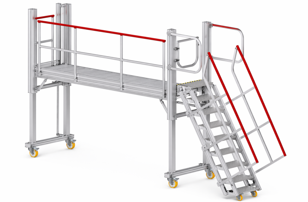 Hoogte instelbaar werkplatform met trap in lengterichting